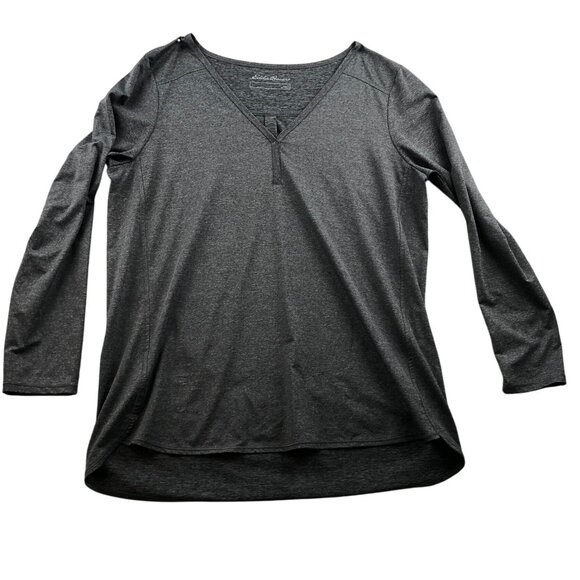 Eddie Bauer Womens T-Shirt Large Long Sleeve Gray V-Neck Jersey Top Casual - Picture 1 of 13